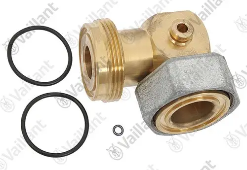 Winkelanschluss aus Messing mit grauer Ummantelung, ergänzt durch zwei schwarze O-Ringe und eine kleinere Dichtung. Produkt der Marke Vaillant.